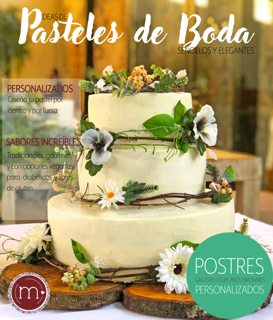 Un pastel de bodas color blanco decorado con tiras de flores. El pastel se coloca sobre una base de troncos de madera. En la imagen se escribe la frase "Ideas de pasteles de boda" Tambipen se escriben datos de tipos de pasteles y del servicios de postres personalizados de m de motivos.