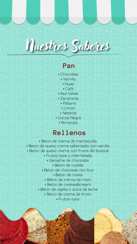 Lista de sabores de pan y de rellenos para los postres personalizados que ofrecen en m de motivos.
