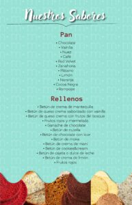 Lista de sabores de pan y de rellenos para los postres personalizados que ofrecen en m de motivos.