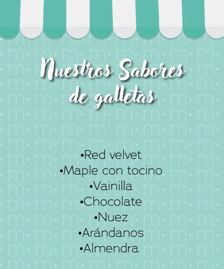La imagen contiene una lista de sabores de galletas que forman parte del menú de la repostería personalizada "m de motivos".