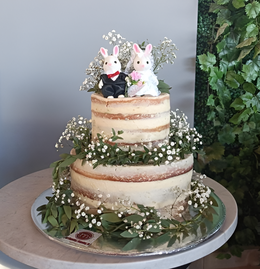 Un pastel de boda de dos pisos decorado con flores naturales. En la parte superior se coloca una pareja de conejos que representa una pareja de novios. Los pasteles caseros puebla de m de motivos como este son personalizados