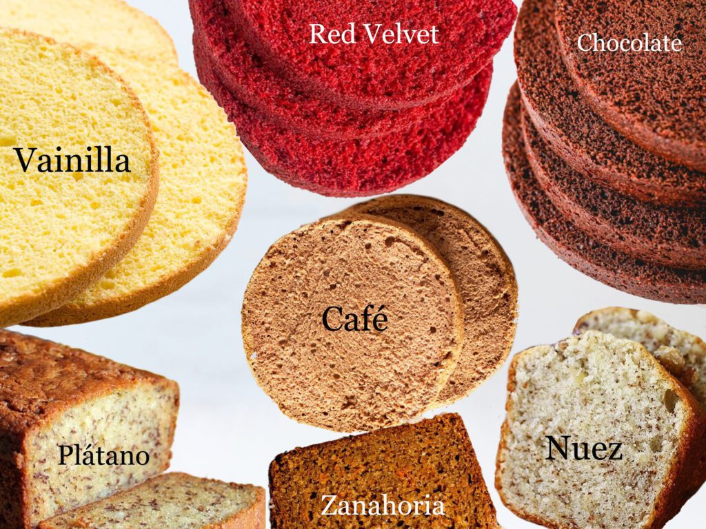Un grupo de dstintos panes para pastel, de sabores como cake, moka, vainilla, red velvet, nuez y chocolate. Los postres personalizados de m de motivos personalizados desde el sabor hasta el diseño.