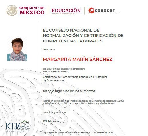 La repostera Margarita Marín, de "m de motivis" repostería peronalizada Puebla cuenta con una certificación en manejo higiénico de alimentos, que respalda la calidad de los productos de m de motivos.