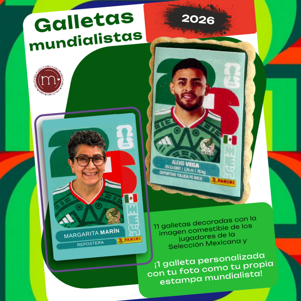 Imagen promocional de galletas personalizadas como estampas del álbum panini edición mundial. en m de motivos además de pasteles también se hacen galletas personalizadas.