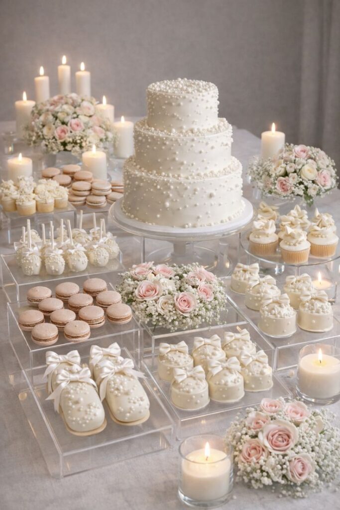 Una mesa de postres para bodas en Puebla. En el centro se coloca un pastel de 3 pisos color blanco decorado con perlas, al rededor se colocan diversos postres como pasteles mini, cupcakes y galletas personalizadas.