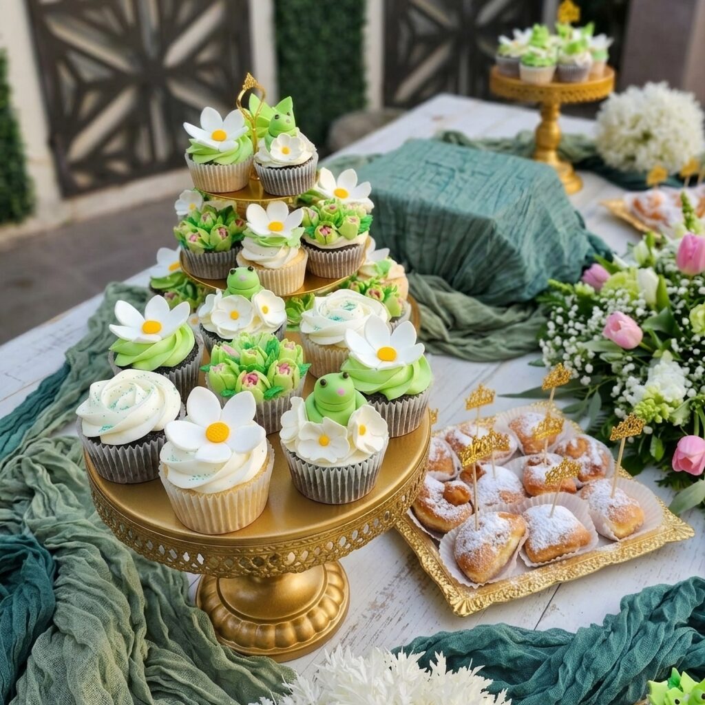 Una base con cupcakes decorados con temática de "La Princesa y El Sapo". Los cupcakes están decorados con flores blanas de fondant y sapor verdes de fondant. Estos cupcakes personalizados en Puebla se hicieron para una fiesta de XV años. Los cupcakes se colocan sobre una base de color dorado.